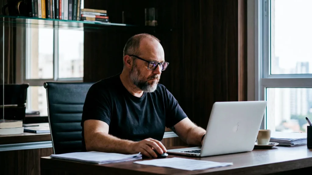 Profissional criando posts para redes sociais em computador com tela exibindo design para Instagram